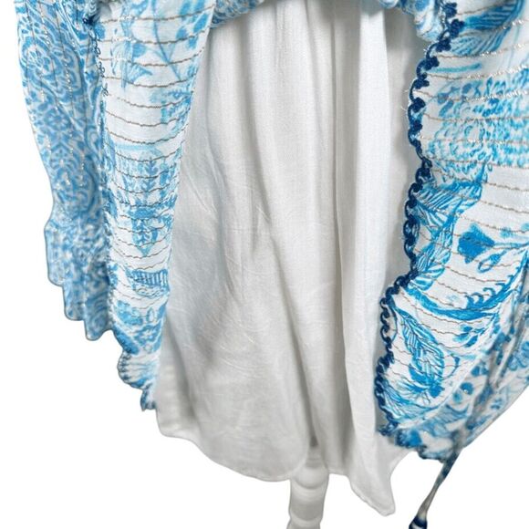 Hemant & Nandita Kaiyo Blue Floral Mini Dress Tassel Ties Boho Peasant Size XS - Picture 9 of 12